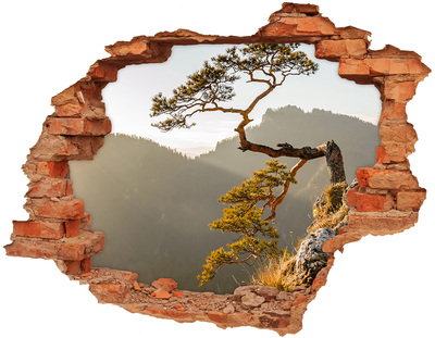 3D wall hole Mountain landscape with a tree