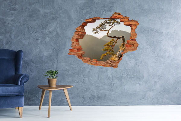 3D wall hole Mountain landscape with a tree
