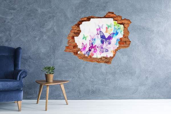 3D wall hole Colorful butterflies in a hole in the wall