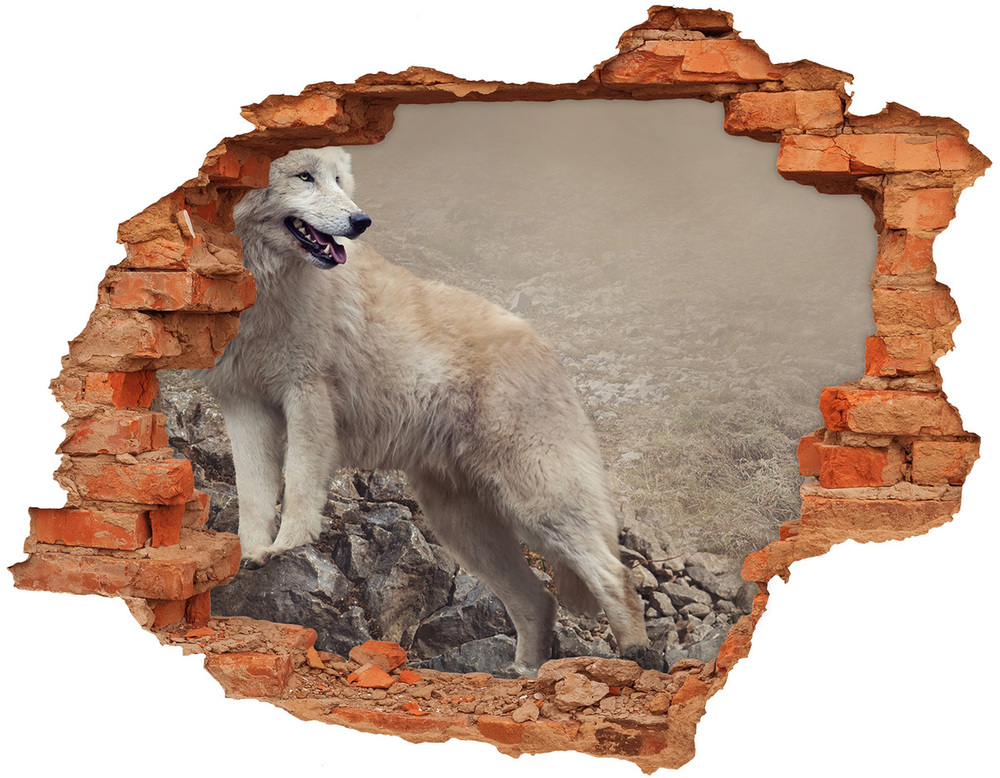 Hole wall sticker White wolf on the rock