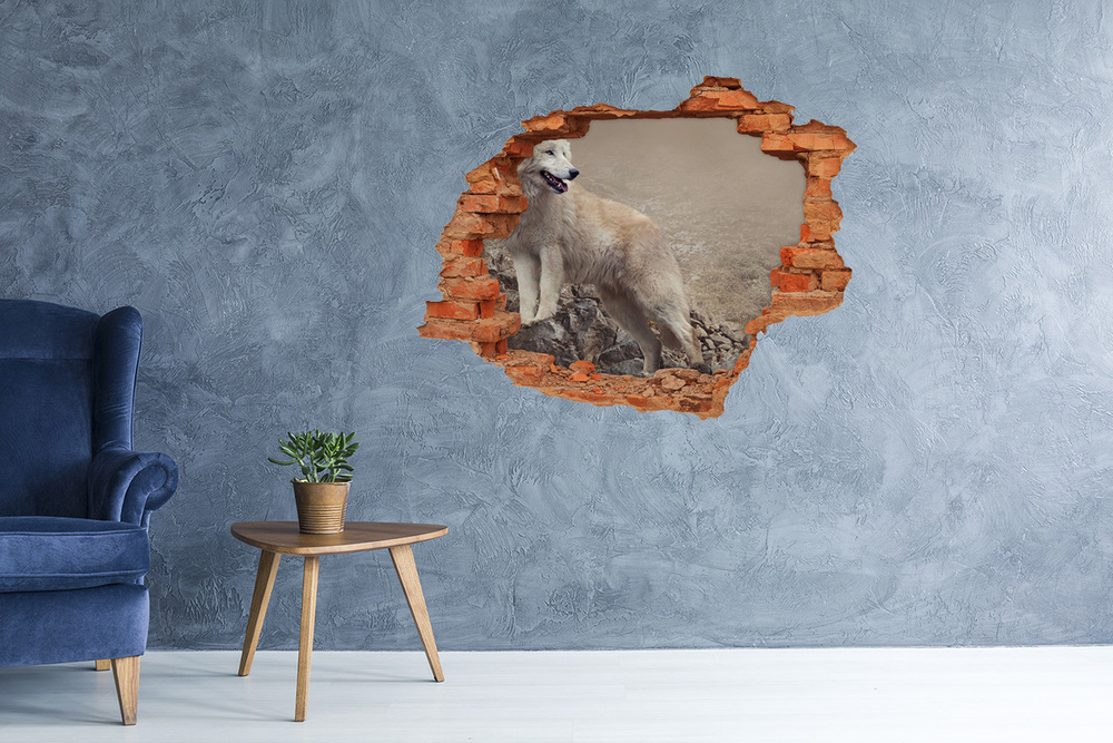 Hole wall sticker White wolf on the rock