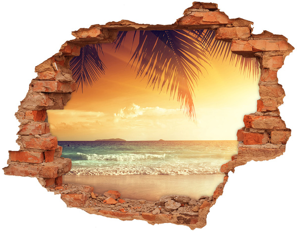 3D wall hole wallpaper Tropical beach at sunset