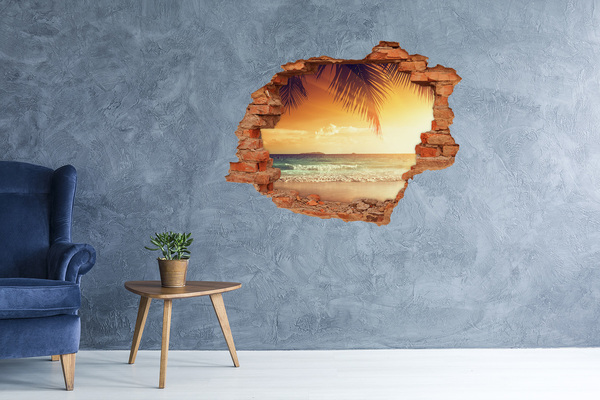 3D wall hole wallpaper Tropical beach at sunset