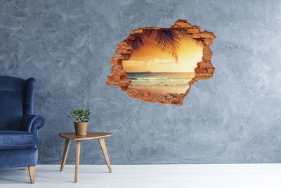 3D wall hole wallpaper Tropical beach at sunset