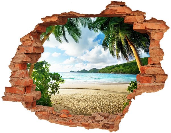 3D wall hole wallpaper Tropical beach with palm trees