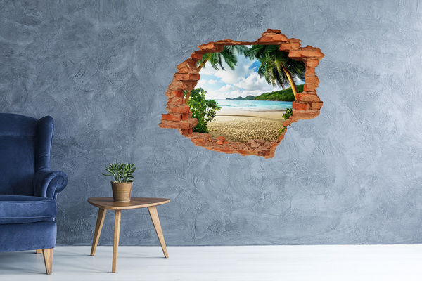 3D wall hole wallpaper Tropical beach with palm trees