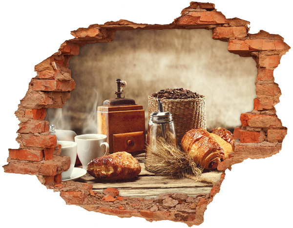 3D wall hole Morning coffee and fresh bread