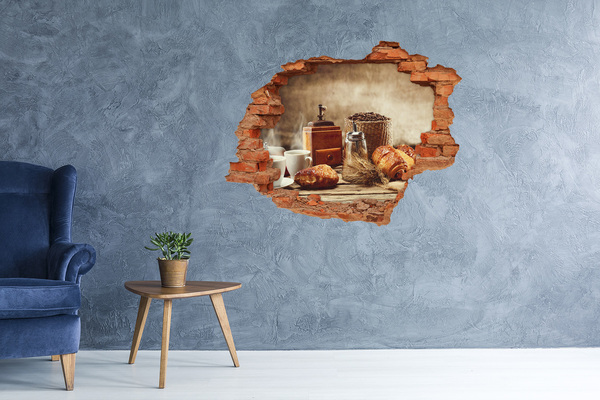 3D wall hole Morning coffee and fresh bread
