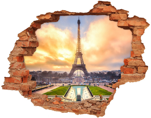 3D wall hole The Eiffel Tower at sunrise