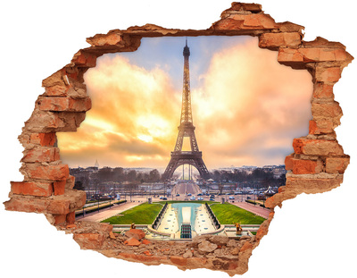 3D wall hole The Eiffel Tower at sunrise