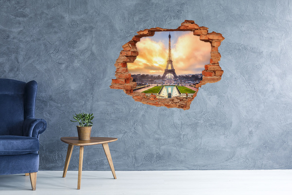 3D wall hole The Eiffel Tower at sunrise