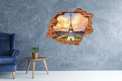 3D wall hole The Eiffel Tower at sunrise