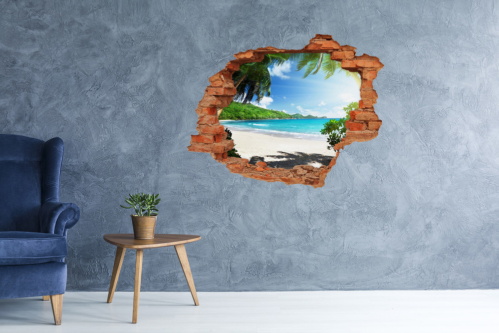 3D wall hole wallpaper Seychelles beach