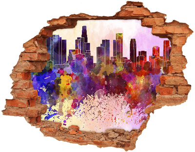 3D wall hole wallpaper A cityscape in rainbow colors