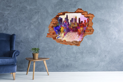 3D wall hole wallpaper A cityscape in rainbow colors