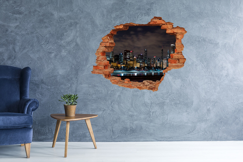 3D wall hole wallpaper Chicago at night