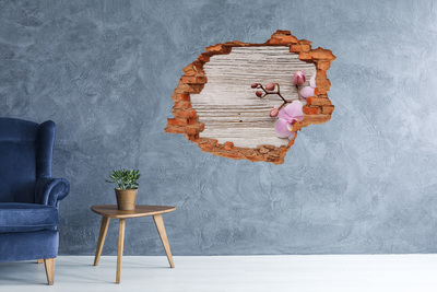 Hole in the wall decal Orchid flowers on a wooden background