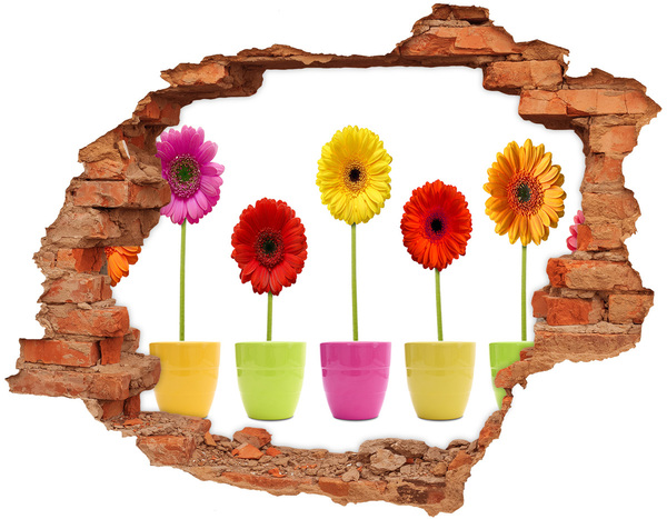 3D wall hole wallpaper Flowers in pots through a hole in the wall