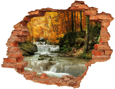 3D wall hole wallpaper Autumn waterfall in the forest