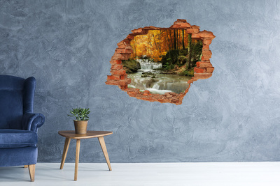 3D wall hole wallpaper Autumn waterfall in the forest