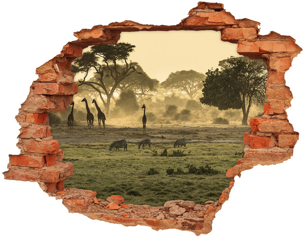 Hole wall sticker African savanna with giraffes and zebras