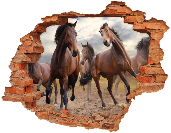 3D wall hole A herd of horses in the meadow
