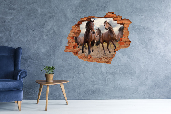 3D wall hole A herd of horses in the meadow