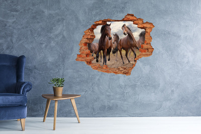 3D wall hole A herd of horses in the meadow