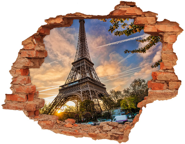 3D wall hole wallpaper Eiffel Tower in the setting sun