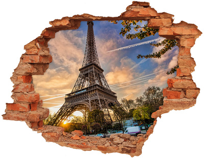 3D wall hole wallpaper Eiffel Tower in the setting sun