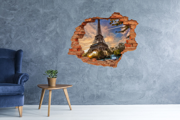 3D wall hole wallpaper Eiffel Tower in the setting sun