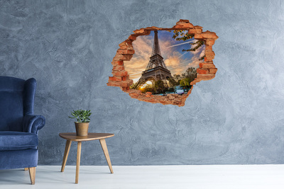 3D wall hole wallpaper Eiffel Tower in the setting sun