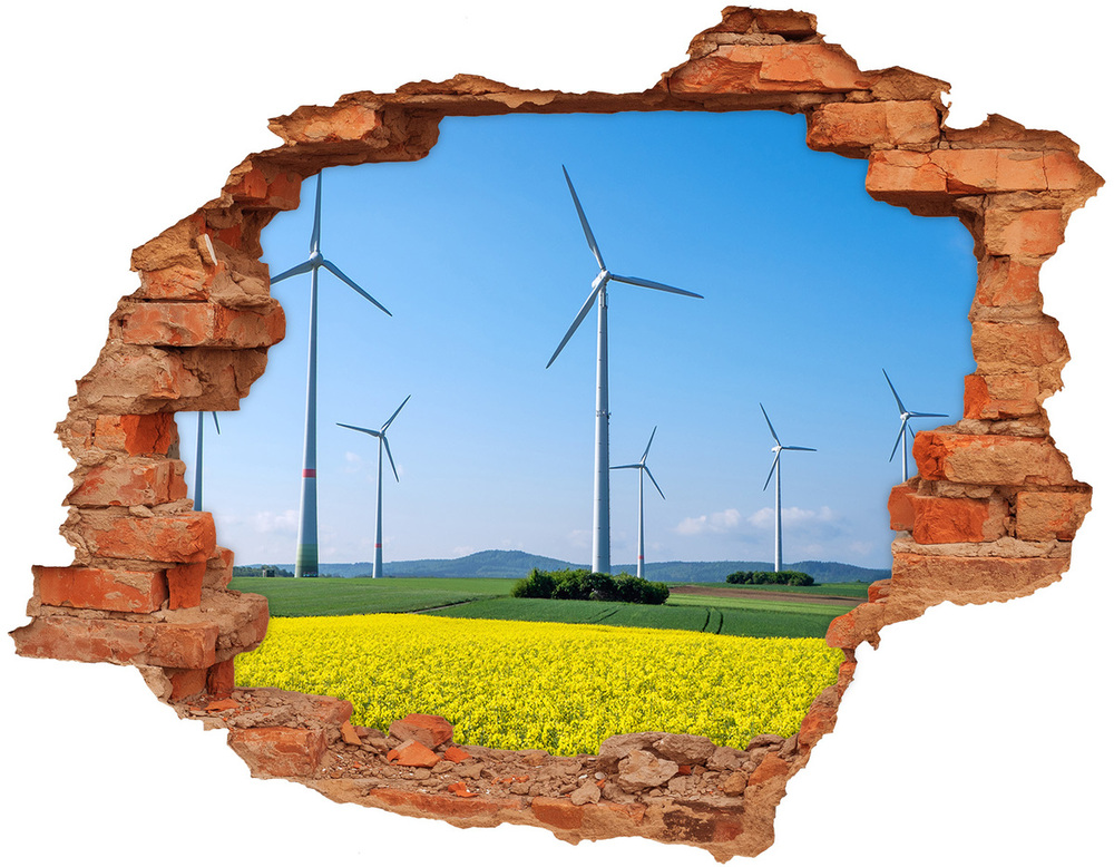 3D wall hole wallpaper Windmills in the field