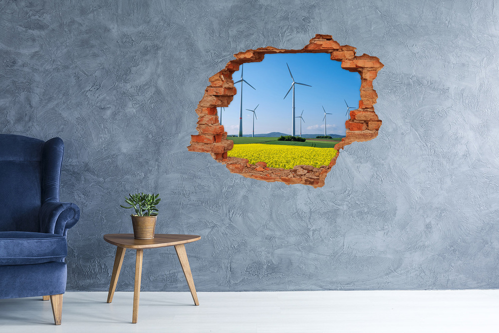 3D wall hole wallpaper Windmills in the field