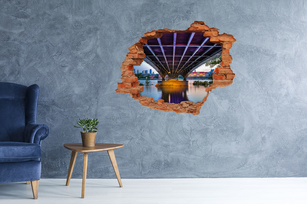 3D wall hole wallpaper Bridge over the river