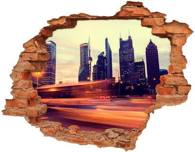 3D wall hole wallpaper Shanghai at night