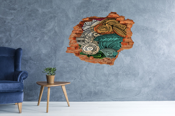 3D wall hole wallpaper Colorful patterns on a stone background