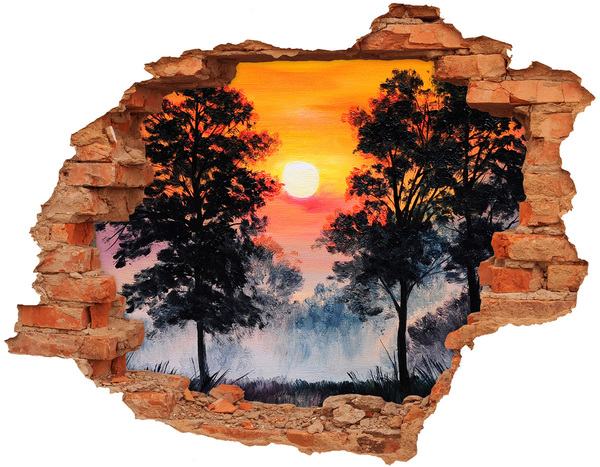 3D wall hole wallpaper Sunset forest