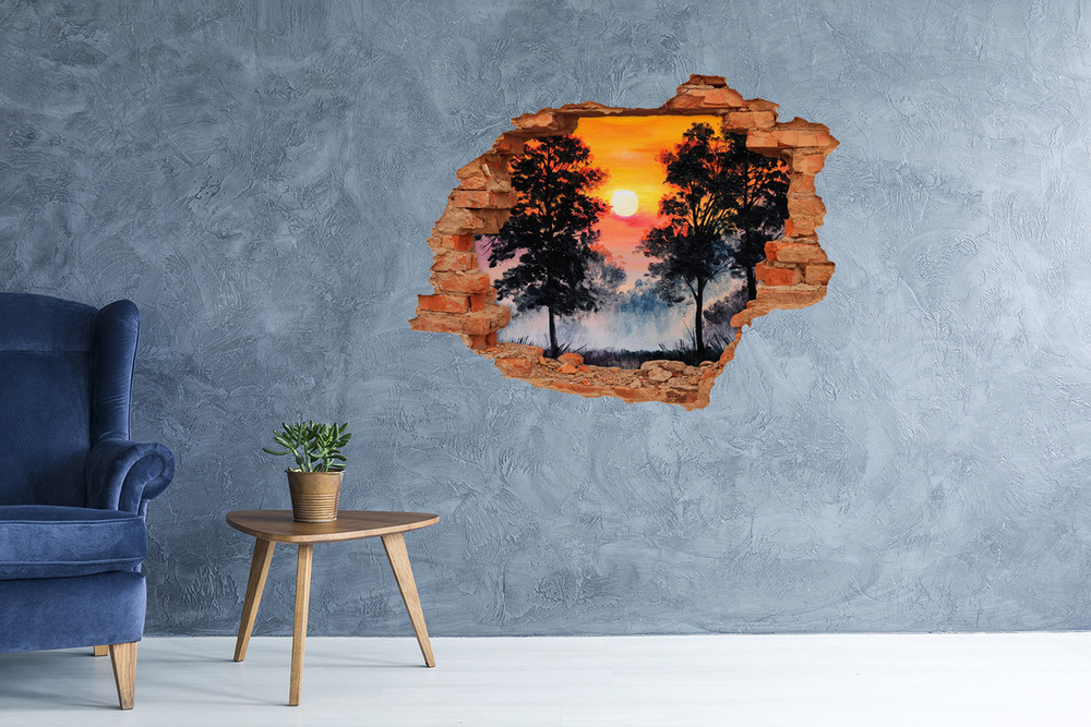 3D wall hole wallpaper Sunset forest