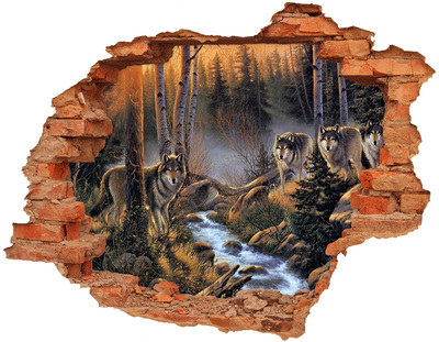 3D wall hole wallpaper Wolves in the forest landscape