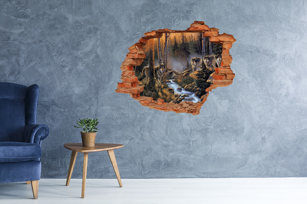 3D wall hole wallpaper Wolves in the forest landscape