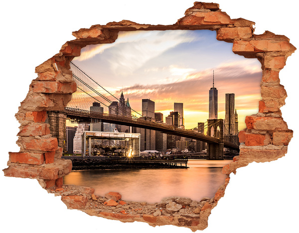 3D wall hole wallpaper Brooklyn Bridge at sunset
