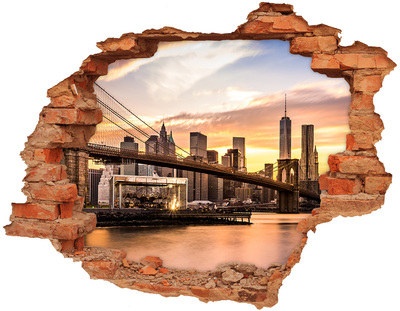 3D wall hole wallpaper Brooklyn Bridge at sunset