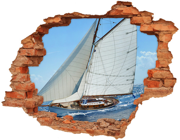 3D wall hole A yacht on the waves of the sea