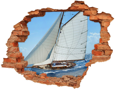 3D wall hole A yacht on the waves of the sea