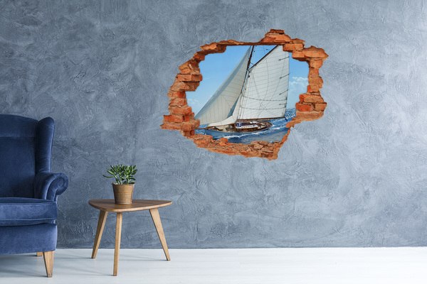 3D wall hole A yacht on the waves of the sea