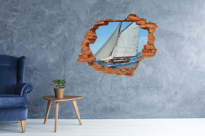 3D wall hole A yacht on the waves of the sea