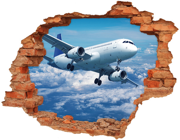 3D wall hole wallpaper Arrival of a plane in the clouds