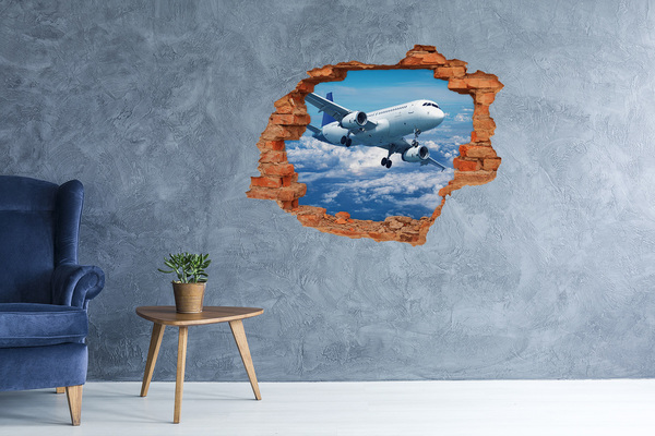 3D wall hole wallpaper Arrival of a plane in the clouds