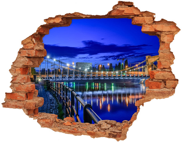 Hole wall sticker Night view of the bridge and river